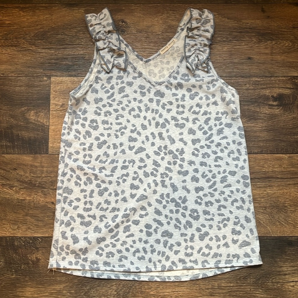Blue Leopard print tank with ruffle detail